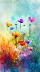Obraz premium Colorful cosmos flowers are blooming in a field of wildflowers in this abstract watercolor painting, evoking feelings of peace and tranquility