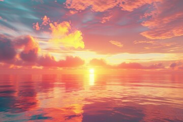 Obraz premium A serene scene of sunset over the ocean with clouds in the sky, perfect for use as a calming background or to evoke feelings of relaxation and tranquility