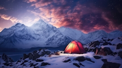 Camping in the snowy mountains on a Expedition. Beautiful winter nature landscape. A pitched tent under the shining stars of the milky way night sky 
 generative ai