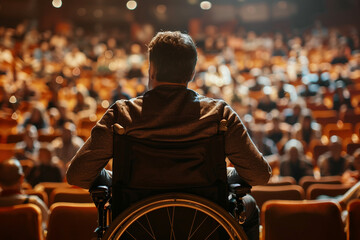 AI generated photo of disabled person young man on stage in crowded hall on wheelchair