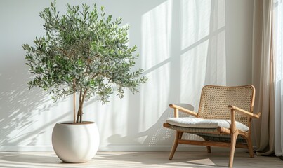 Beautiful olive tree in a white pot, lush green leaves, ideal for modern interiors. Against a light wall with a wicker sideboard and wooden chair, embodying Mediterranean style