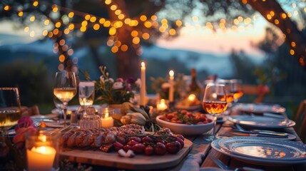 Outdoor dinner party with a gourmet BBQ spread, elegant table settings, and guests enjoying a sophisticated evening under twinkling fairy lights