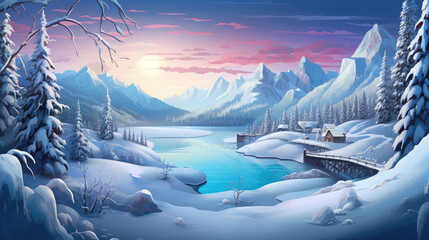 Winter holiday landscape. 小hristmas holiday. Fantastic winter forest landscape, mountains, lake house. Digital art, generative ai