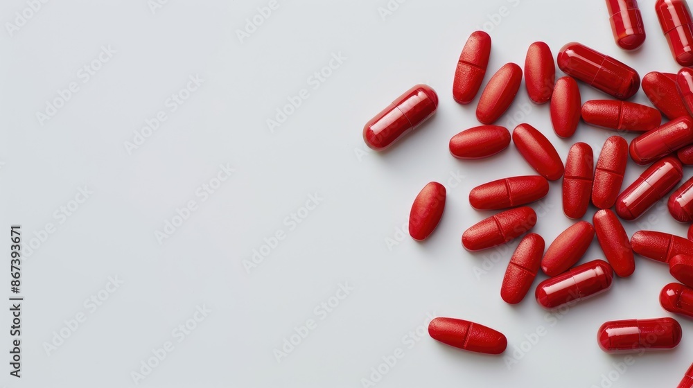 Poster red enzyme pills on plain background with space for text