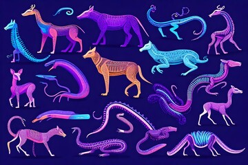Mechanical animals, puma, deer, octopus, snake and eagle robots. Vector cartoon set of futuristic pets cyborgs, purple mechanic serpent, bird, leopard.