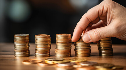 Woman Hand Out Coins To Stack Of Coins. Man Salary Increase And Money Investment, generative ai