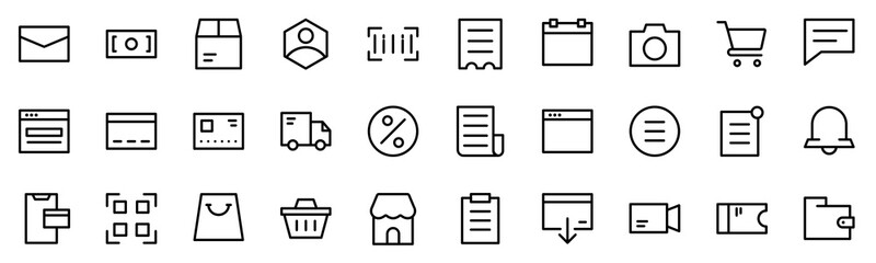 Collection of Basic Ecommerce Essential Related Vector Line Icons. Contains Icons like Store, Email, Discount, Shopping Cart and more. Editable stroke. 48x48 pixels