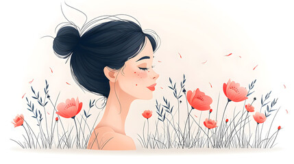 Woman with flowers in a field. Cute illustration.