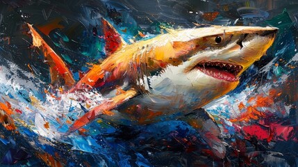 Abstract oil painting of a great white shark swimming through a colorful ocean. The shark is depicted in a realistic style, while the background is abstract