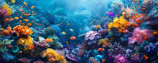 A vibrant coral reef teeming with life, with fish of all shapes, sizes, and colors darting among the colorful coral formations.