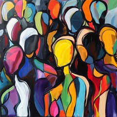 Colorful abstract painting of people connecting, gathering and uniting. The artwork uses vivid colors and bold brushstrokes