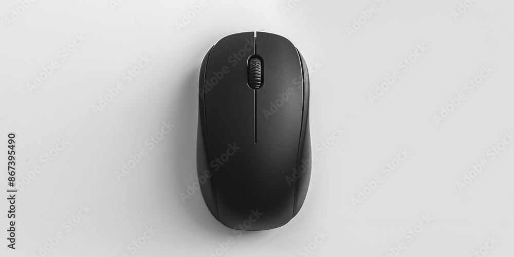 Poster a black computer mouse sitting on a white surface, great for use in product photography or as a simp