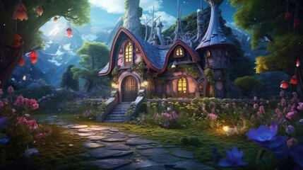 Fantasy fairy tale background. Fantasy enchanted fairy tale house or castle in magical forest. digital art,, generative ai