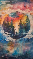 Watercolor painting of a woman walking into a colorful universe with planets, clouds, and stars, symbolizing adventure, exploration, and the beauty of the unknown