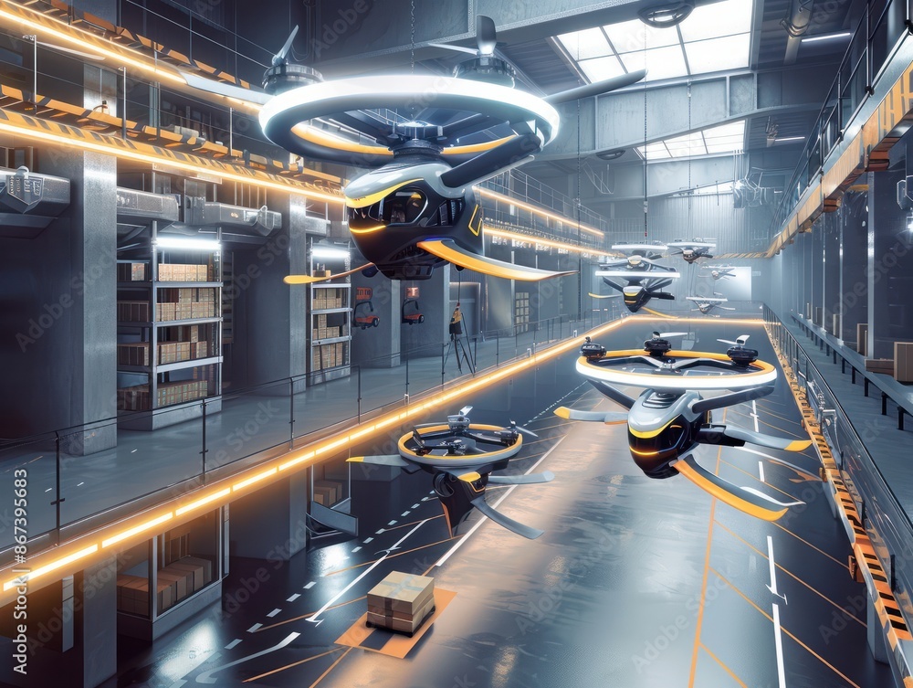 Poster a futuristic warehouse with autonomous drones transporting packages along designated flight paths