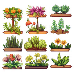 Fototapeta premium Various succulent plants in colorful arrangements, perfect for garden and home decor themes.