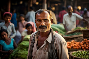 Fototapeta premium Ai generated photo of local man seller stands outdoors food market