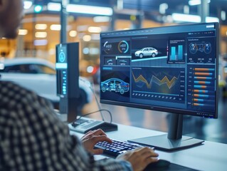 A fleet manager using advanced software for EV fleet management. focus on a computer screen displaying a dashboard with various metrics like vehicle locations, battery levels. Generative AI.