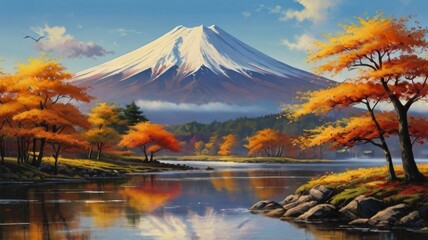 Fototapeta premium Autumnal Serenity at Mount Fuji: A Tranquil Lake Reflection