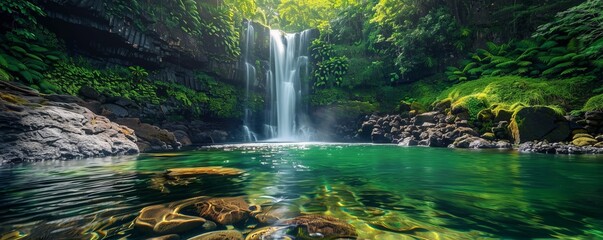 A picturesque waterfall cascading down rocky cliffs into a clear pool below, with lush greenery surrounding the water.