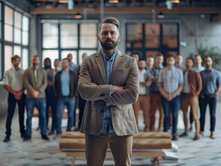A leader standing confidently in front of a diverse team, inspiring and guiding them.