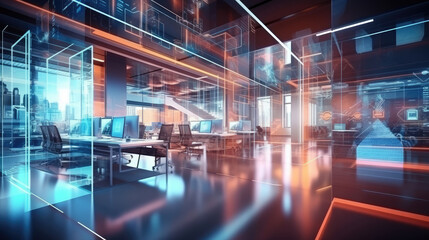 Digital technology high tech background. Modern furnished blurred office interior background with digital hologram, technological schemes. Used for business presentations, banners., generative ai