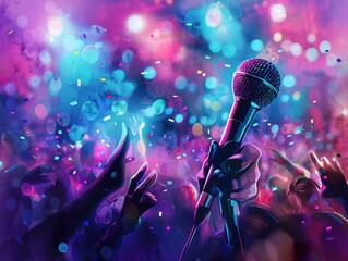 Abstract design poster for a karaoke microphone event. Open mic festival poster, singer party poster, night show poster, or comedy club poster.