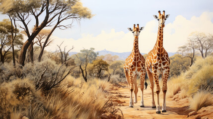 Giraffe Couple Walking, generative ai