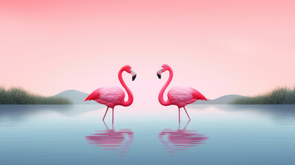 Naklejka premium Two pink flamingos couple standing in lake., generative ai
