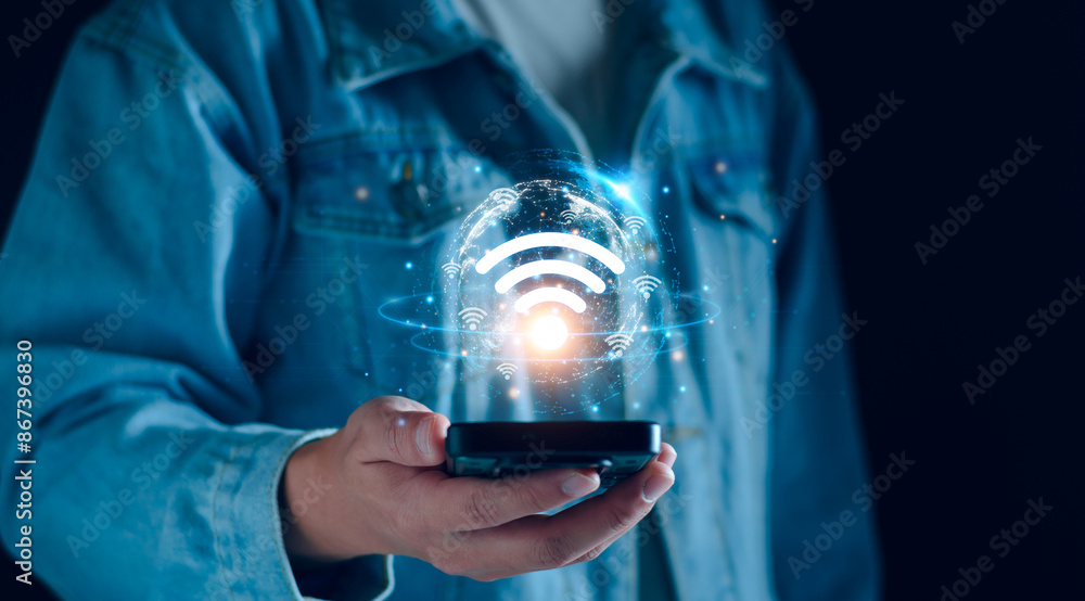 Poster internet wifi fast connect concept, man holding smartphone access high speed internet connect global