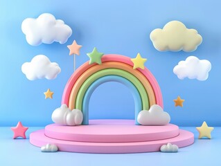 Background podium baby cute product 3d cloud kid children display banner room toy design blue. Podium scene boy background rainbow baby stand studio presentation shower template sale stage poster sky © Johannes