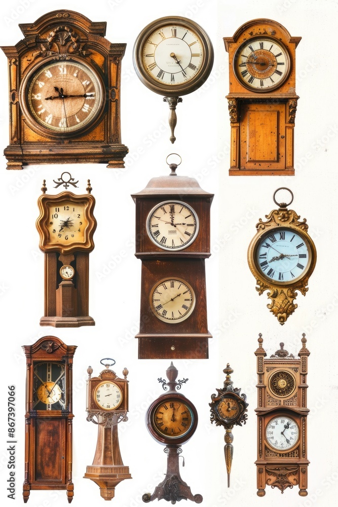 Poster a set of clocks displayed on a wall, various styles and designs