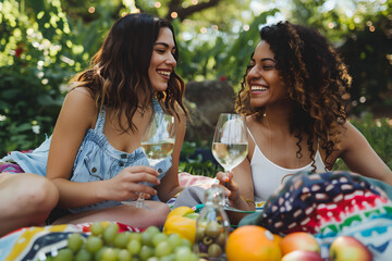 Lesbian couple in love on a picnic in the park. Two women are enjoying a picnic, laughing and drinking wine.