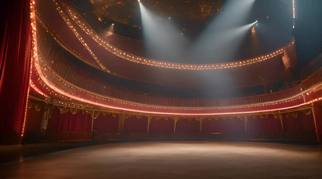 Atmospheric view of an empty circus stage with dramatic lighting and festive decor
