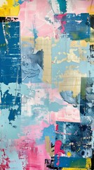 Fototapeta premium Colorful abstract painting background with layers of brush strokes, splashes, and geometric shapes creating a textured and dynamic composition