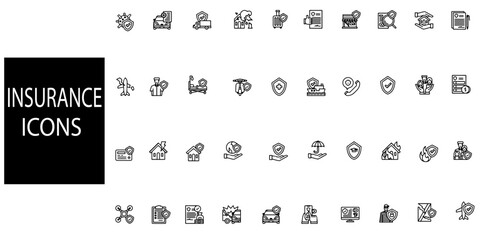 Set of 40 outline Insurance icons.Containing healthcare medical, life, car, home, travel insurance icons. Insurance line icons set.Vector illustration.
