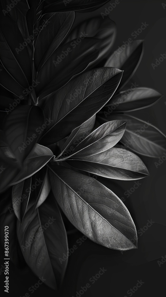 Poster A monochrome image showcasing the intricate detail and texture of plant leaves with a soft, focused background