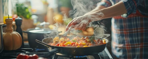 A person cooking dinner in their kitchen, the aroma of food filling the air.