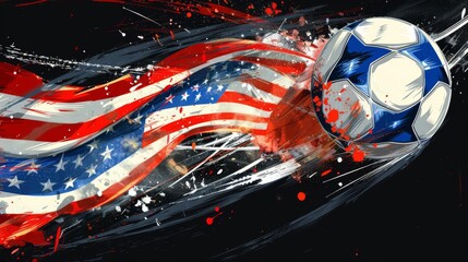 Dynamic illustration of a football emblazoned with the USA national flag, capturing the essence of World Cup victory and energy
