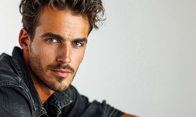 Fototapeta premium Portrait of a handsome young man with stubble on his face, set against a white background. Perfect for fashion editorials, grooming ads, and lifestyle blogs, highlighting modern masculinity