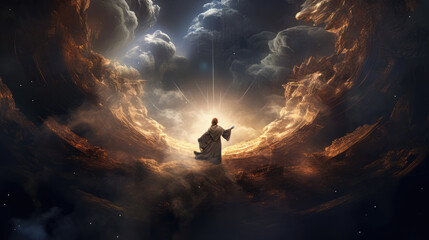 The Creation of the World, the first day. God in heaven. digital art, generative ai