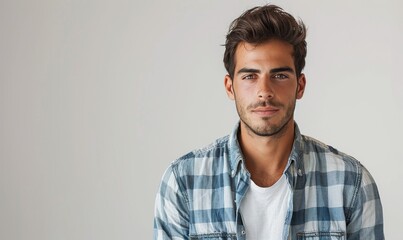 Handsome young guy with facial stubble, captured in a portrait on a white background. Suitable for skincare advertisements, fashion portfolios, and social media influencers
