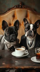 Adorable scene of cute funny dogs dressed in a business suit enjoying coffee and engaging in lighthearted business discussions.