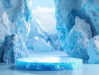 Fototapete Rund Ice background podium cold winter snow product platform floor frozen mountain iceberg. Podium glacier cool ice background stage landscape display icy stand 3d water nature pedestal arctic concept cave © Johannes