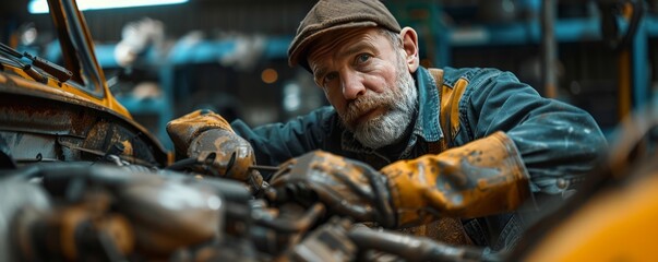 Obraz premium A mechanic repairing a car engine in a garage, covered in grease.