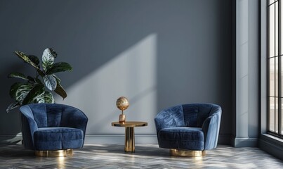 Stylish modern interior dark blue armchairs and brass table set against gray wall. Minimalistic home design mockup, perfect showcasing artwork, suitable design magazines home decor websites