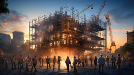 Fototapeta premium Innovative Building Construction Project: Collaborative Work of Building Engineers, Architects, and Construction Workers Utilizing Advanced Civil Equipment Technology., generative ai