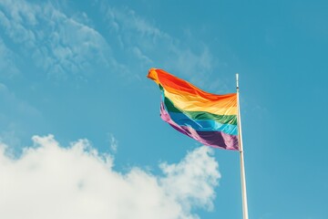 Waving Rainbow Pride Flag Against Blue Sky, Embracing Diversity and Freedom - Generative ai