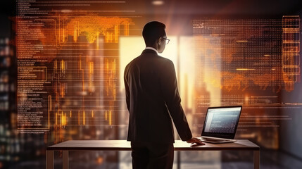 Successful businessman standing overlay with source code and programmer image and copy space. The concept of programming, cyber security, business and internet of things., generative ai