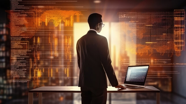 Successful businessman standing overlay with source code and programmer image and copy space. The concept of programming, cyber security, business and internet of things., generative ai